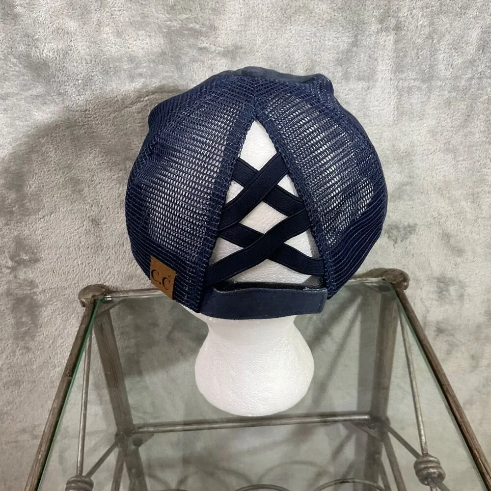 C.C Exclusive Hello Sunshine Patch Ponytail Baseball Cap Distressed Mesh Trucker